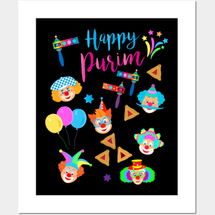 Happy Purim Kids Party Gifts Decoration Jewish Holiday Traditional symbols. Hamantaschen cookies, gragger toy noisemaker, clowns, balloons, masks, stars of David. Carnival. Posters and Art